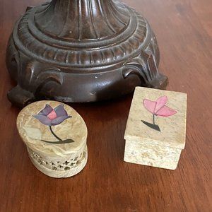 Vintage Soapstone Small Trinket/Jewelry/Ring Boxes Pearly Inlay Flower Set of 2